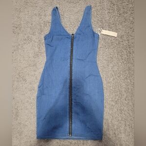 Denim Blue Zip-Front Bodycon Dress